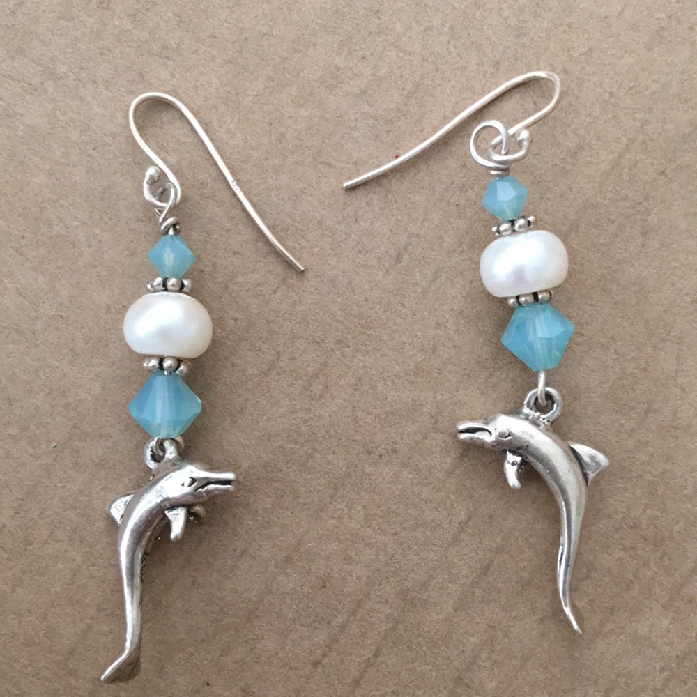 Vintage 925 culture pearl Dolphin earrings blue